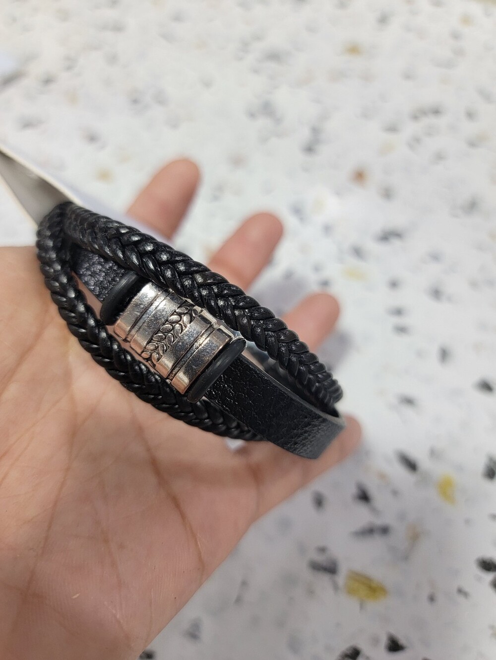 Black Braided Leather Magnetic Clasp Bracelet for Men